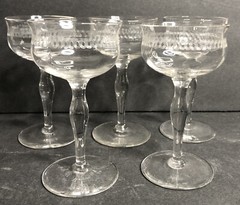 Franciscan Tiffin NEEDLE ETCH Optic Panels Brandy Whisky Glasses 1920s Set of 5