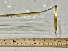 MCM Vintage Fluted 10” Footed Bud Vase Clear Glass Gold Wheat Design Gold Trim