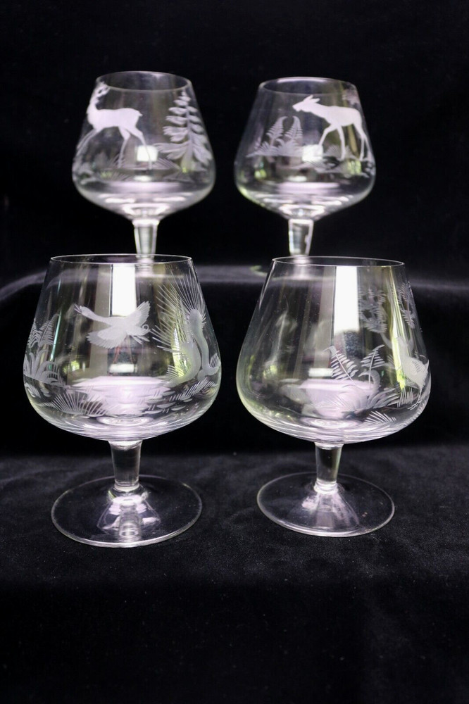 4 Brandy Glasses Etched Wild Life Deer Stag Doe Birds Pheasant Grey Cut Crystal