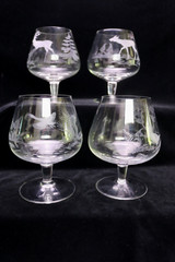 4 Brandy Glasses Etched Wild Life Deer Stag Doe Birds Pheasant Grey Cut Crystal