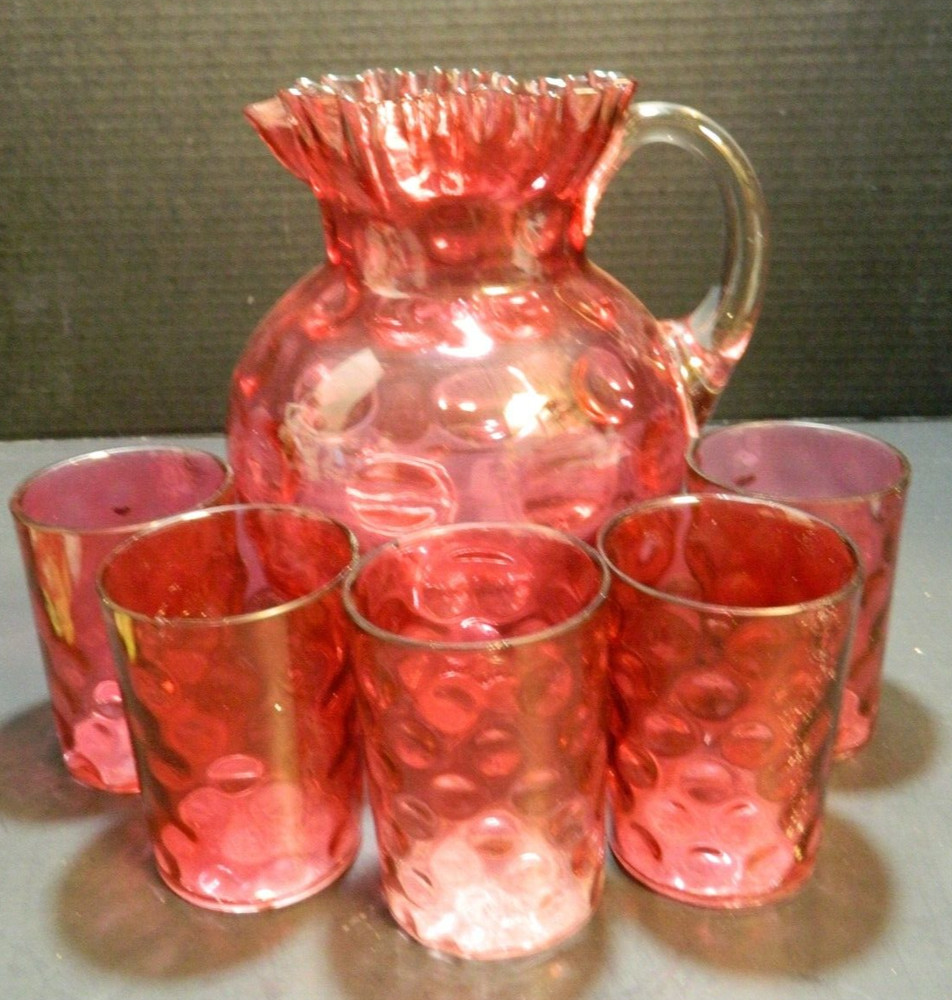 Antique Cranberry Optic Coin Dot Glass Ruffled Pitcher Set (1890’s) Good – Excel