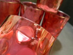 Antique Cranberry Optic Coin Dot Glass Ruffled Pitcher Set (1890’s) Good – Excel