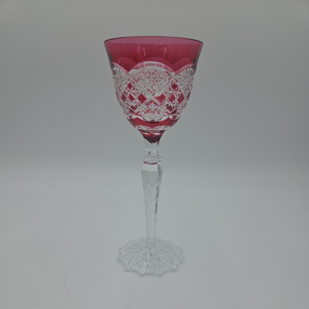 Vintage Val St. Lambert Verrept Cranberry Pink Cut To Clear Crystal Wine Glass