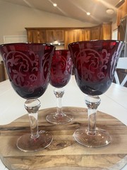 Vintage Large Red & Clear Glass Goblets, Etched White Filigree, set of 3, EUC