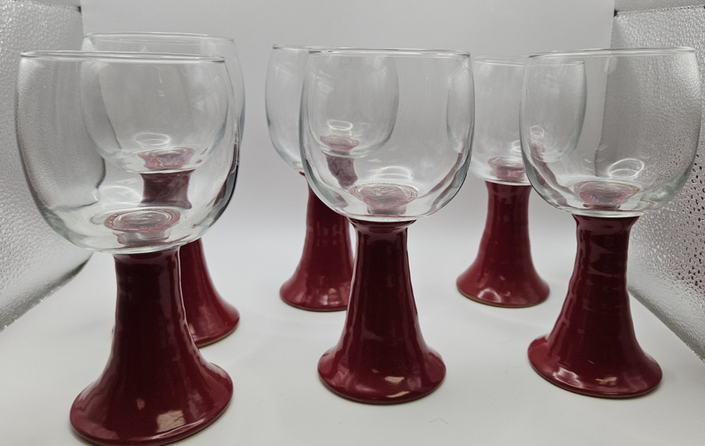 6 Vintage Crisa Clear Glass Low Tumbler W Studio Pottery Terracotta Bases Unique