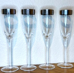 Set of 4 Vintage Champagne Flutes Platinum/Silver Rim, Clear Glass, 5–6 oz