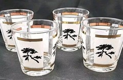 4 Far East Bonsai Tree Whiskey Rocks Glasses MCM Gold Black White Vtg Asian Vibe