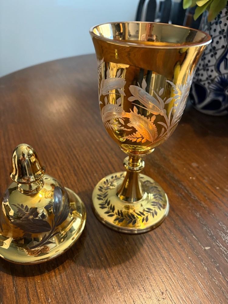 Gilded Bohemian glass goblet with lid
