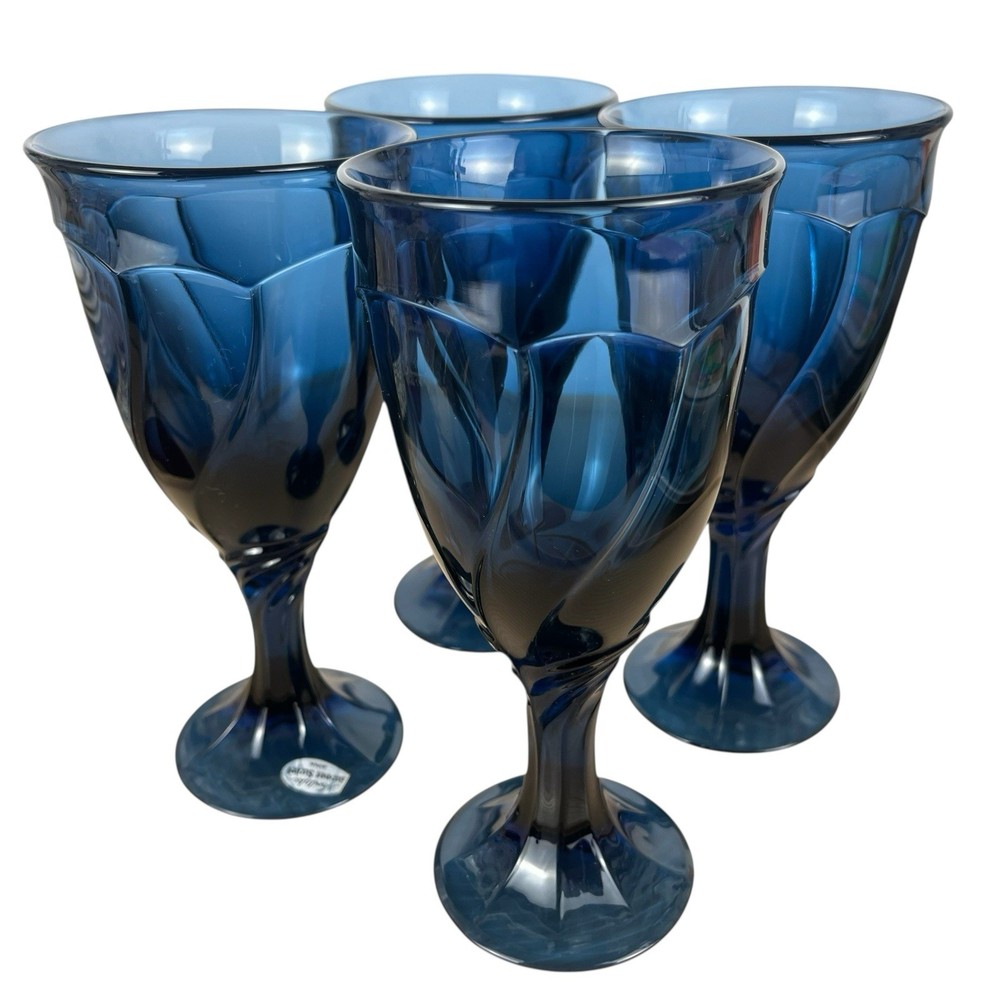 Noritake Sweet Swirl Dark Blue 12 oz Ice Tea / Water Goblets 7 3/8” Tall Set-4