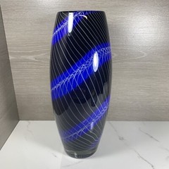Sasaki Handcrafted Rimini Crystal Vase Art Glass Vintage Blue White Black 12.5”