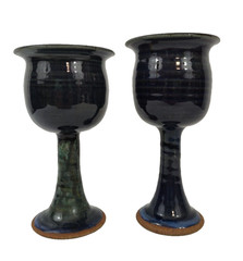 Set Of Two Vintage Stoneware Goblets Blue Green Artist Signed Alice