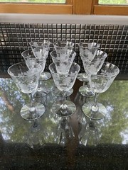 SET OF 9 RARE PATTERN Tiffin Glass «Roses Flat Paneled Wine Glasses 4.5″H