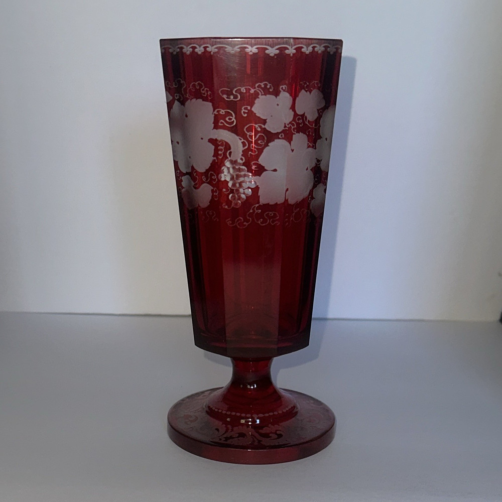 Bohemian Egermann water glass Ruby Cut to Clear Etched Glass Grape Vines 7″
