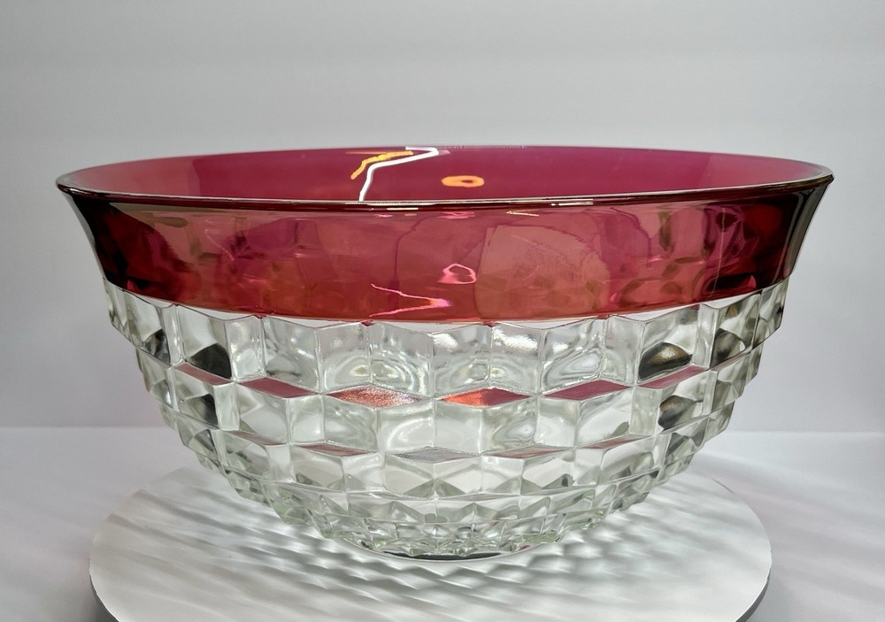 Vintage Indiana Glass Whitehall Cubist Ruby Red Punchbowl Set 12 Glasses Ladle