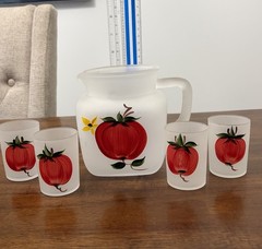 Vintage 1950’s Hazel Atlas Frosted Tomato 5 Piece Juice Set Marked Logo H Over A