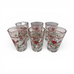 Vintage Set Of 6 Libby Juice Glass Tumblers Painted Red Flowers Safe Edge