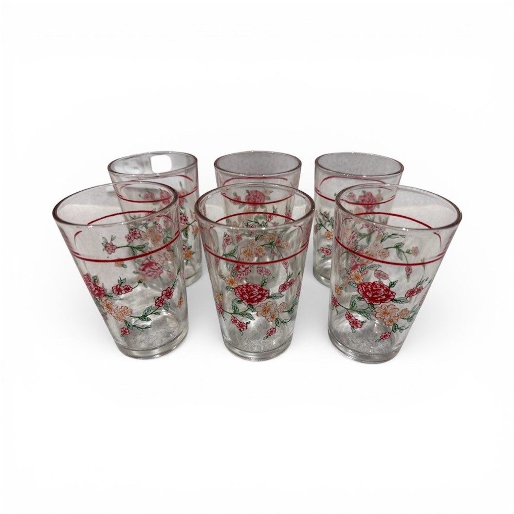 Vintage Set Of 6 Libby Juice Glass Tumblers Painted Red Flowers Safe Edge