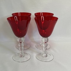 Set of Four Hand Blown Ruby Red & Clear Crystal Stemmed Wine Glasses Goblets