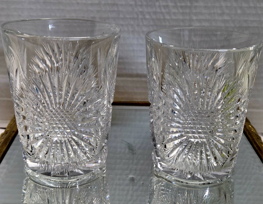 2 Art Deco Cut Crystal Sunflower Tumblers
