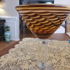 Tortoise Shell Pulled Feather Blown Glass Martini Cocktail Glass Heavy Sturdy
