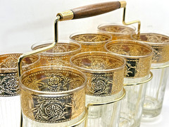 Culver Glass 22K Gold 8 Highball Caddy Set Vintage Retro Barware Tyrol MCM