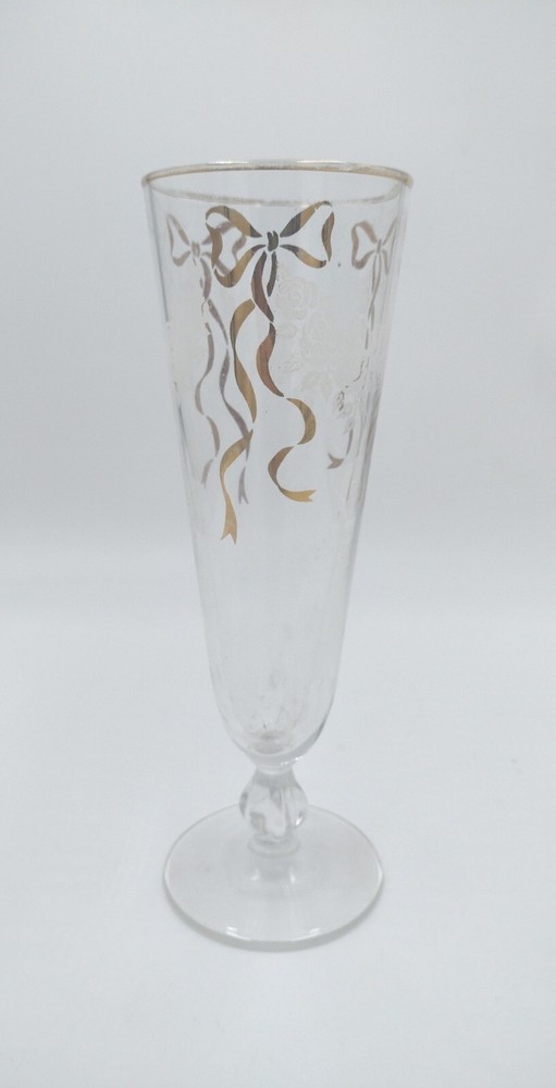 Vintage Libbey White Rose With Gold Bow Champagne Or Wine Glass 8 1/2″ Tall
