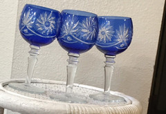 Three Vintage Cobalt Blue Cut to Clear Wine Glasses