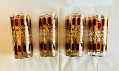 CULVER GLASS 22K Gold Signed CRANBERRY SCROLL Highball Glass ~ 4 available