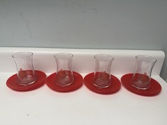 Vintage PASABAHCE Turkish Red Scroll Design Glass Tea Cup & Saucer, Set Of 4