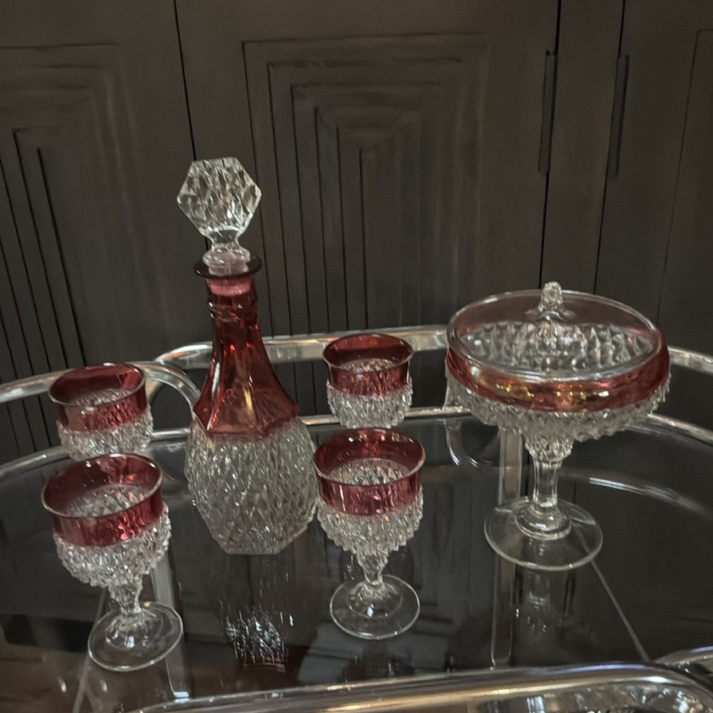 Indiana Glass Ruby Red Goblet Decanter Covered Compote Set Decorative Six-Piece