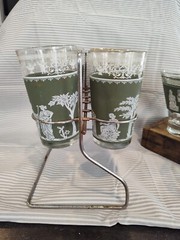 6 Vintage Wedgwood Green Jeanette Jasperware Grecian Highball Glasses & Bowl