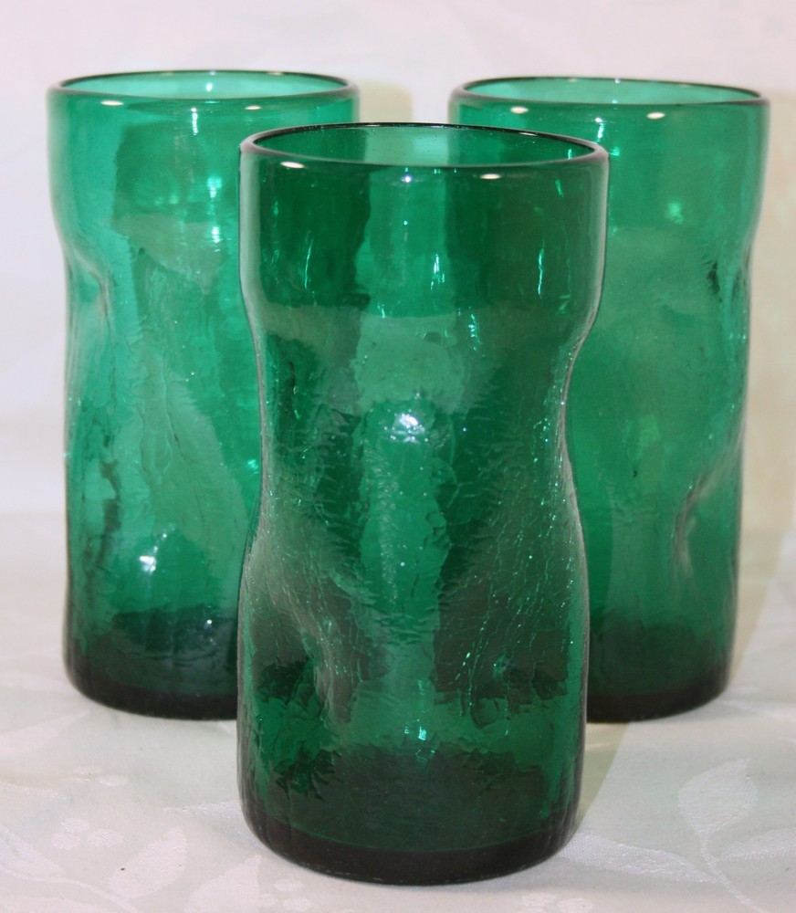 Set Of 3 Blenko 418-L Crackled Turquoise 6″ Pinched Glass Tumblers