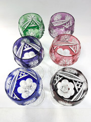Set of 6 – Bohemian Overlay Cut-to-Clear Crystal Wine Goblets Jewel Tones