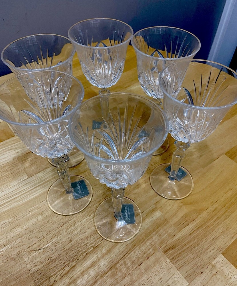 6 GORHAM ROSEWOOD, Cut Lead Crystal Wine Glasses New In Original Box, 8”T, 6oz.