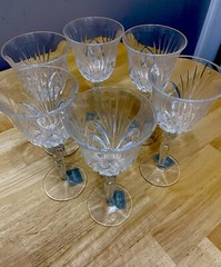 6 GORHAM ROSEWOOD, Cut Lead Crystal Wine Glasses New In Original Box, 8”T, 6oz.