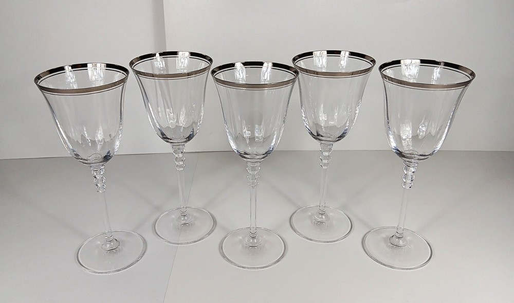 Set Of 5 Mikasa Sonata Platinum Rim Crystal Wine Goblets Glasses