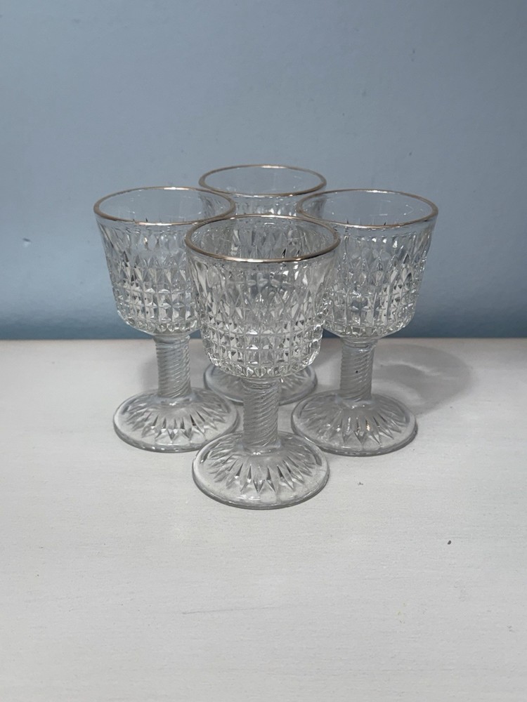 Vintage JEANNETTE Cordial Glasses: Diamond Cut, Twist Stem, Gold Rim Set of 4