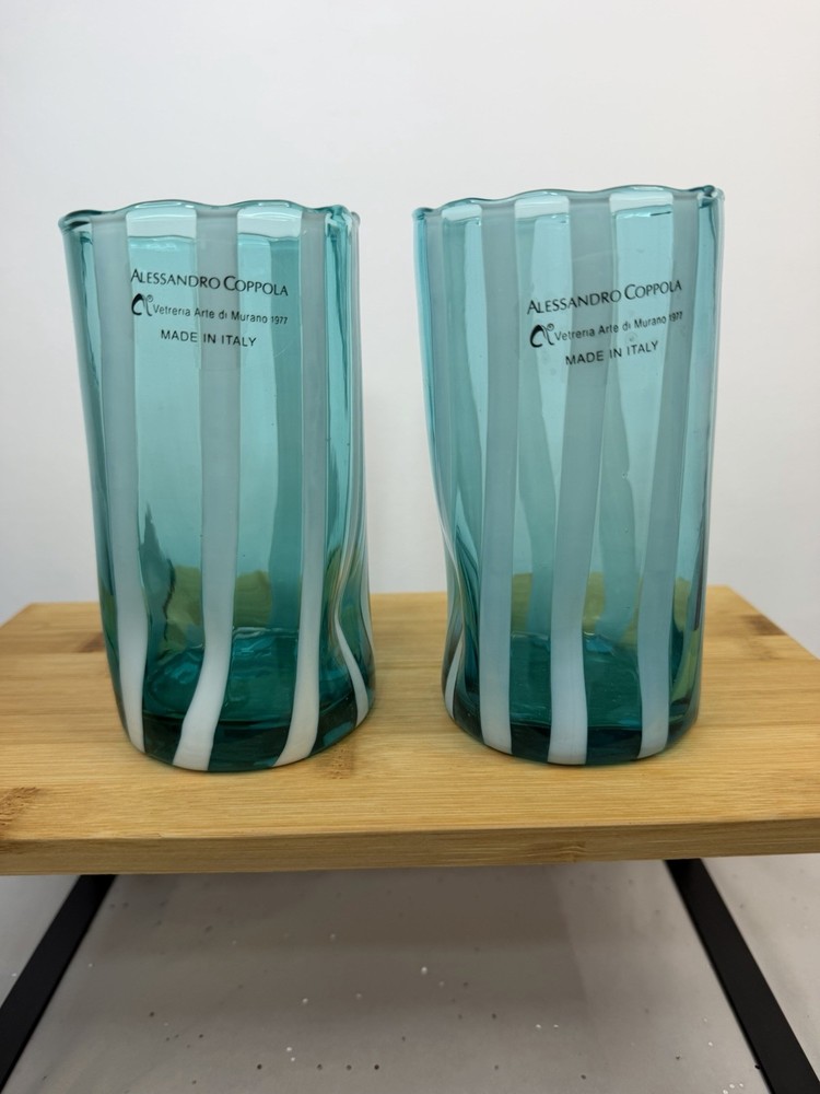 Alessandro Coppola Arte di Murano Italy Aqua/ Teal Glass Tumblers Set of 2 NWT