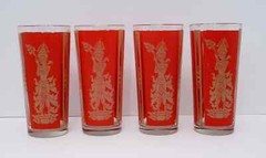 Culver Red Gold Hindu Goddess Highball Glass Tumblers Oriental 5” LOT SET 4 EUC