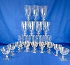 Vintage Clear Cut Leaf Vine Pattern Crystal Stemware 21 Pc. Pumpkin Shaped Stem