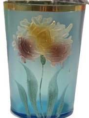 Antique Victorian Set Of 3 Cups Sugar Blue Glass Hand Painted Flower Circa 1900