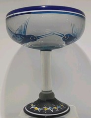 Vintage Margarita Glass Hand Blown & Painted Cobalt Blue Rim Birds 6.25″ Mexico