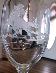 Set 3 Lorraine Coyoe Signed Wine Glasses Wild Horses Etched Retired