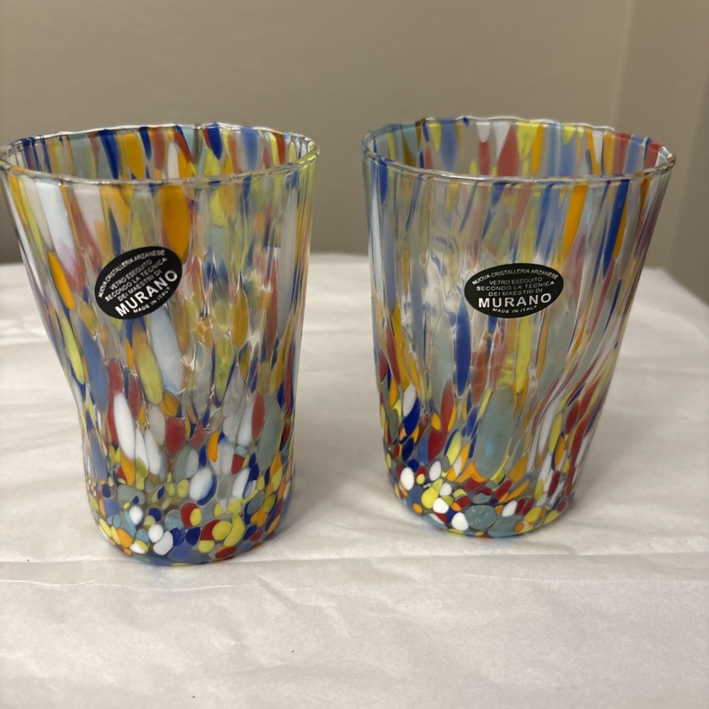 Murano Multicolore Indented Drinking Glasses Made In Italy Handmade Set of 2