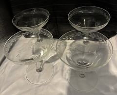 Vtg Champagne Coupe Etched Glass Martini Cocktail Set 4 MCM Laurel Leaf