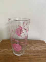 Vintage Orange, Pink Stylized Rose 16 oz Sour Cream Glass Retro MidCentury