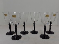 6 NEW Cristal D’Arques Durand Wine Goblet Black ONYX Stem Clear Swirl Glass 6.25
