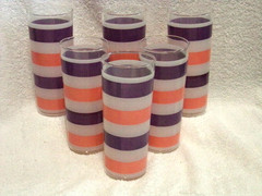 6 Vtg MCM Pink Purple White Frosted Stripe 16 Oz Collins Style Highball Glasses