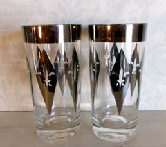 4 MID CENTURY Highball BAR GLASSES Silver FLEUR DE LIS DIAMOND Pattern MCM