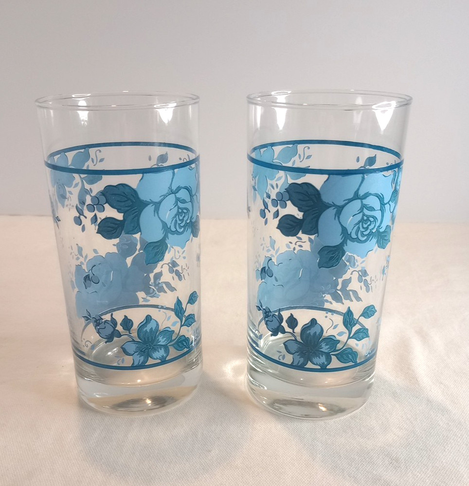 Vintage Corelle Crisa Blue Velvet Rose Glass Tumblers 16 Oz Set of 2